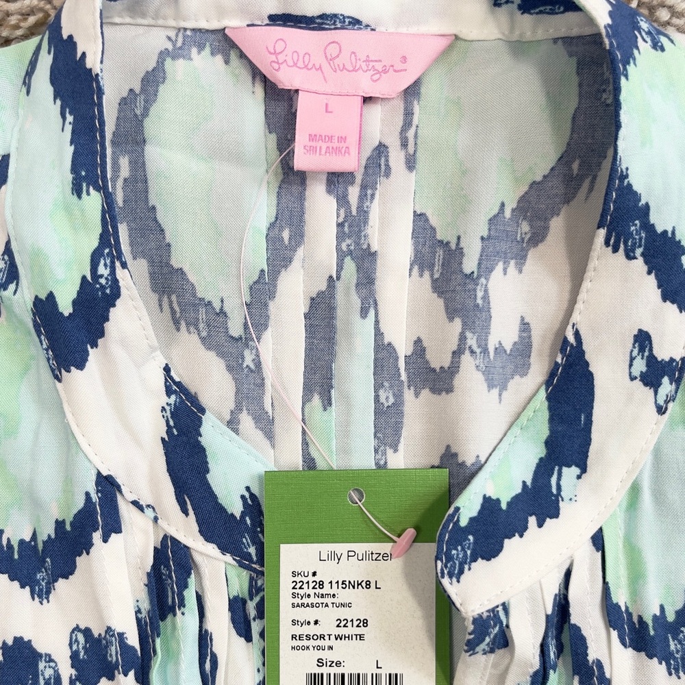 Lilly Pulitzer White and Blue Boxy Tunic with Mandarin Collar L - Picture 8 of 10